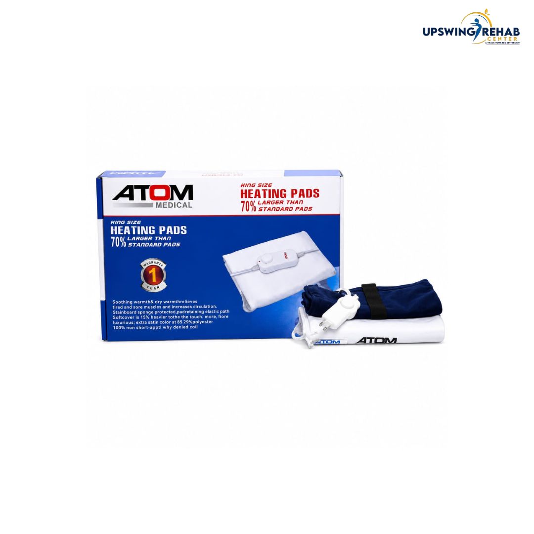 ATOM Medical 70% liquid latex heating pads shown with their blue and white retail box, alongside two folded heating pad wraps (one white with blue trim, one dark blue with white trim) on a plain white background.