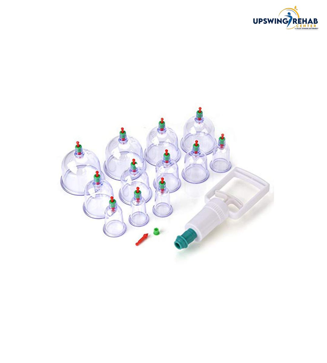 Set of clear cupping therapy devices with a syringe on a white background, branded 'Upswing Rehab'.