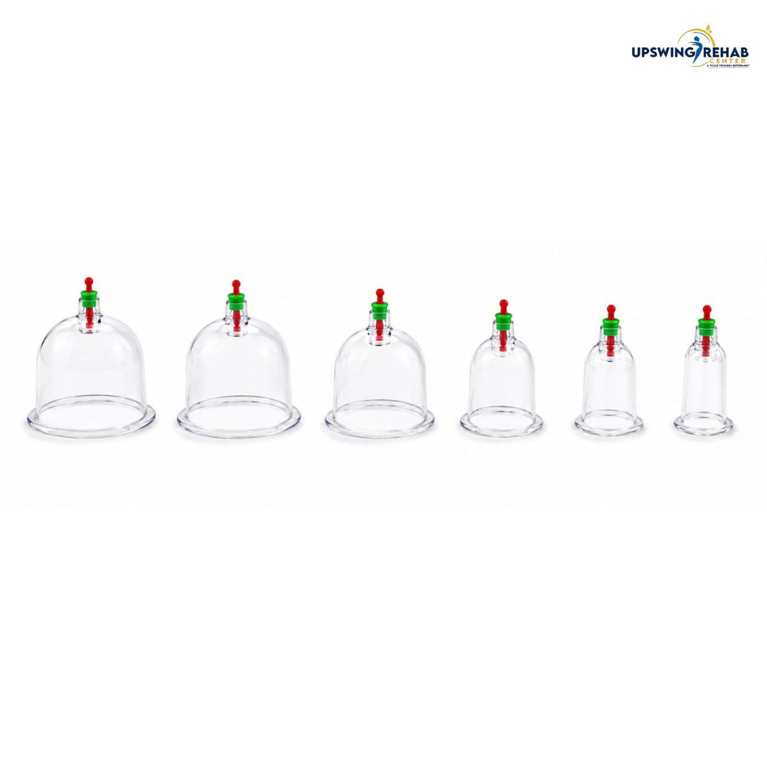 Plastic vacuum cupping cups set of 6 sizes – clear therapy cups with red valves for pain relief and muscle recovery – Upswing Rehab Centre Pakistan