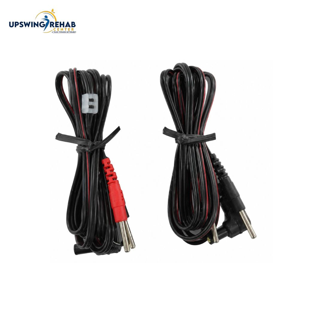 Two black audio/video adapter cables with red and black wire stripes, one with banana plugs and one with a barrel connector, shown on a white background with the UPSWING REHAB logo in the top left.