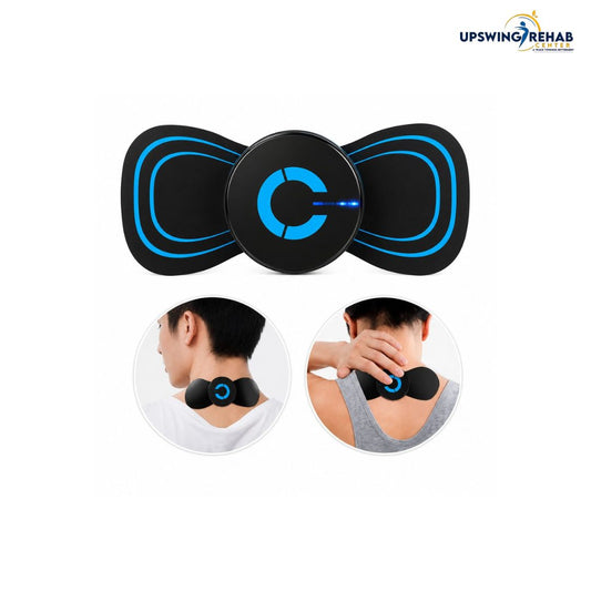 Black and blue UPSWING REHAB neck massage device shown on a white background, with two circular inset photos demonstrating the product being worn on the back of the neck.