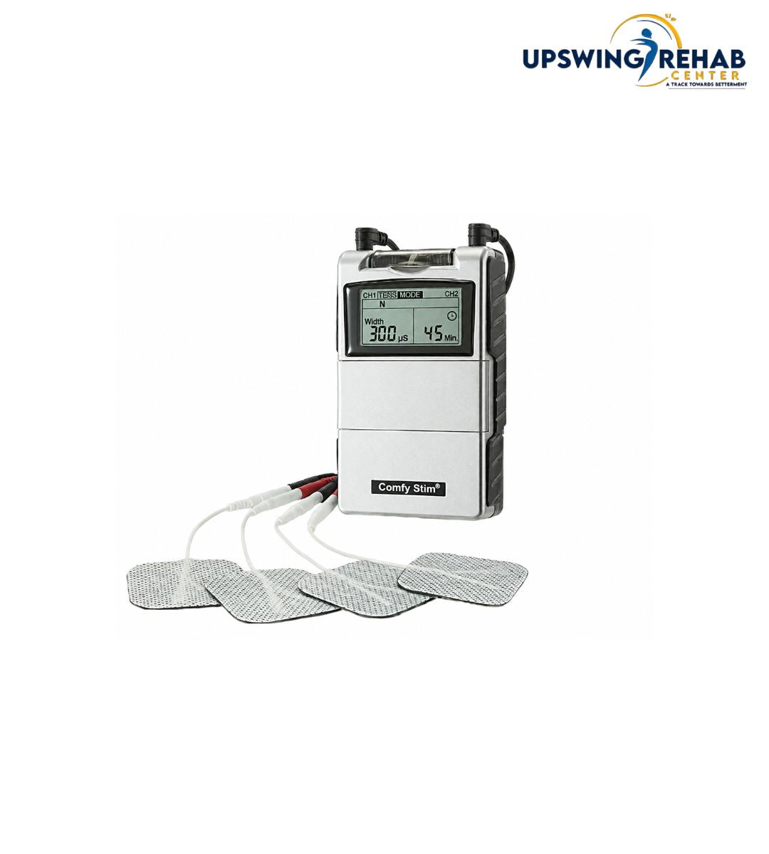 Electrotherapy device with digital display on a white background, branded with Upswing Rehab Center.