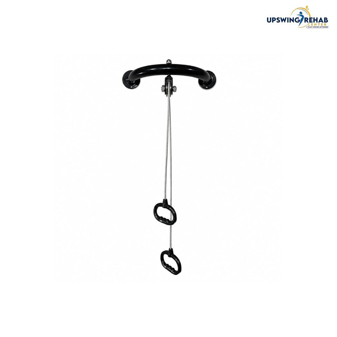 Black UPswing Rehab therapy device with a curved top bar, pulley system, and two hanging handles on a white background.