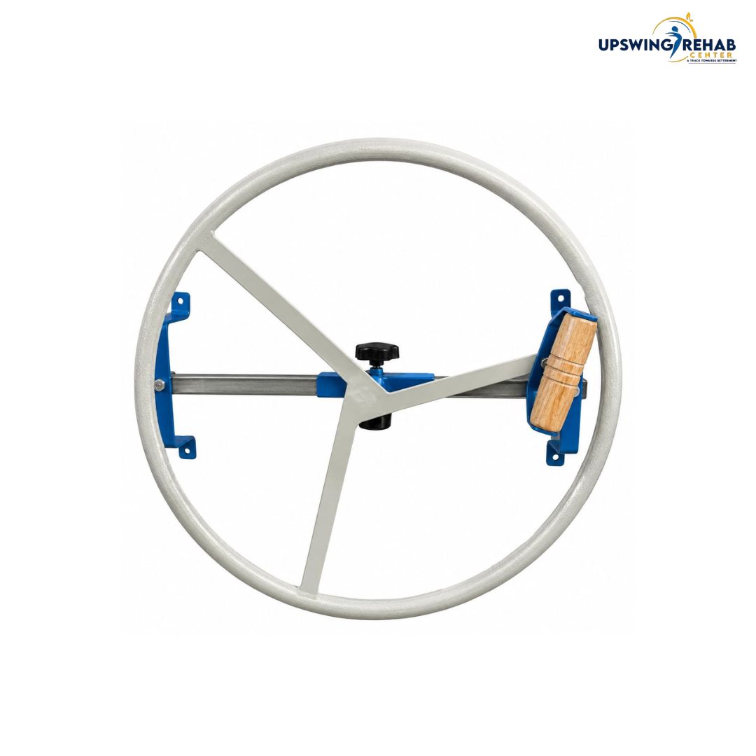 A rehabilitation exercise wheel machine featuring a large white circular frame, a central silver bar, blue mounting brackets, and a wooden handlebar grip, shown on a white background with the Upswing Rehab logo in the top right corner.