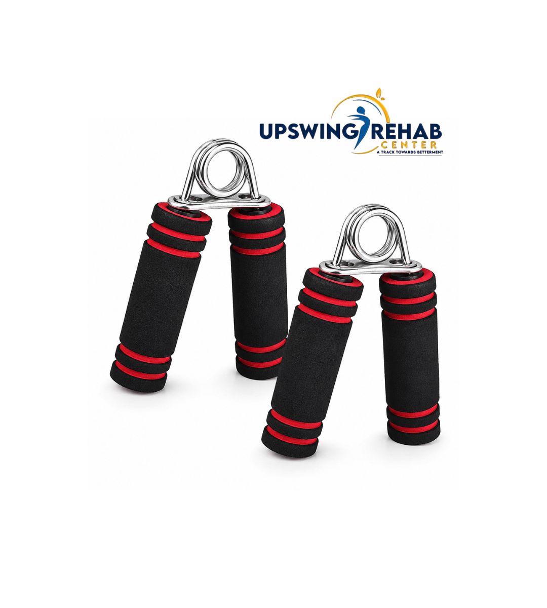 Pair of black and red hand grip exercisers with Upswing Rehab Center logo on a white background
