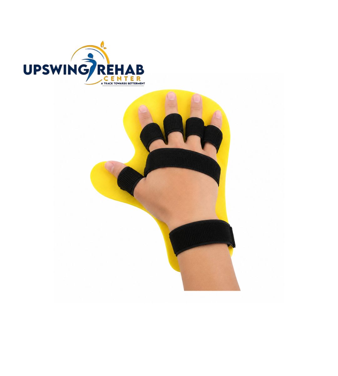 Yellow hand therapy device with black straps on a white background, featuring the Upswing Rehab Center logo.