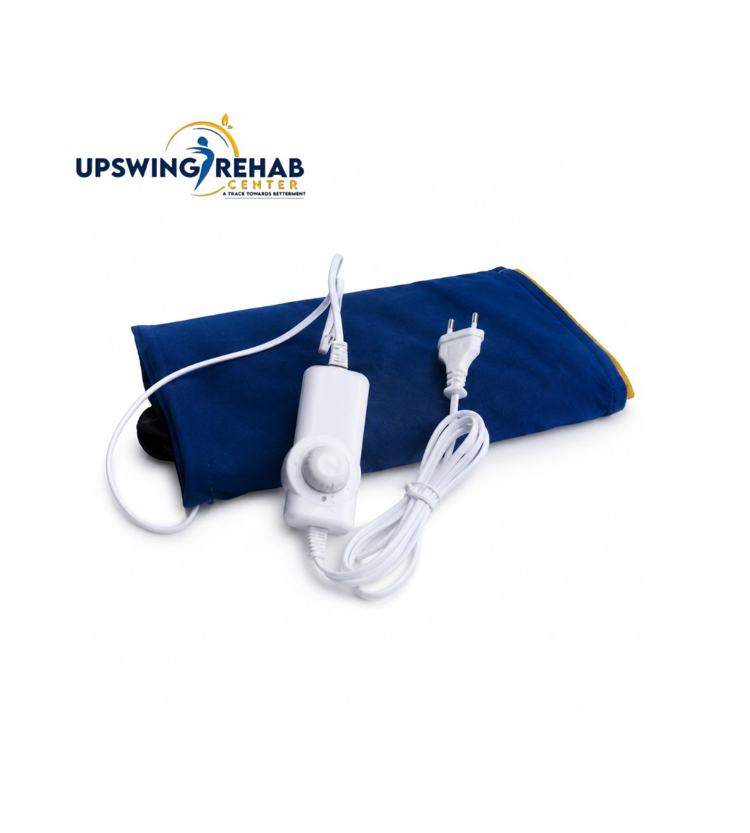 Blue heating pad with white controls and cord on a white background, featuring the Upswing Rehab logo.