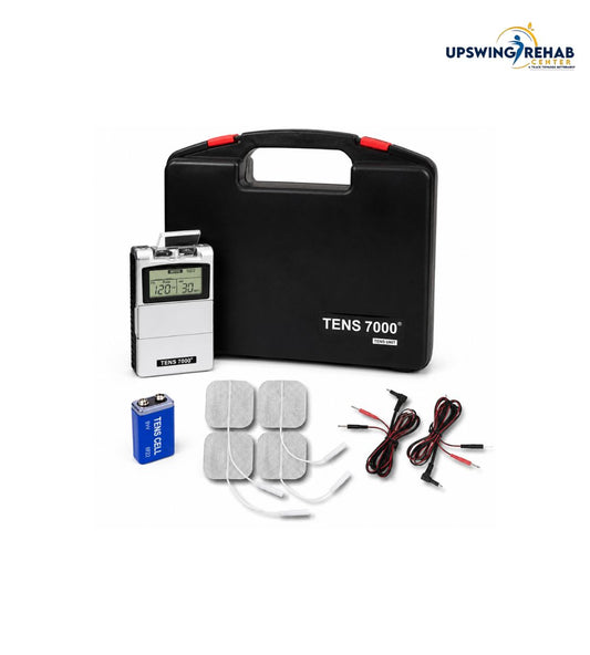 TENS unit kit with black carrying case, digital display, battery, patches, and cables on a white background.