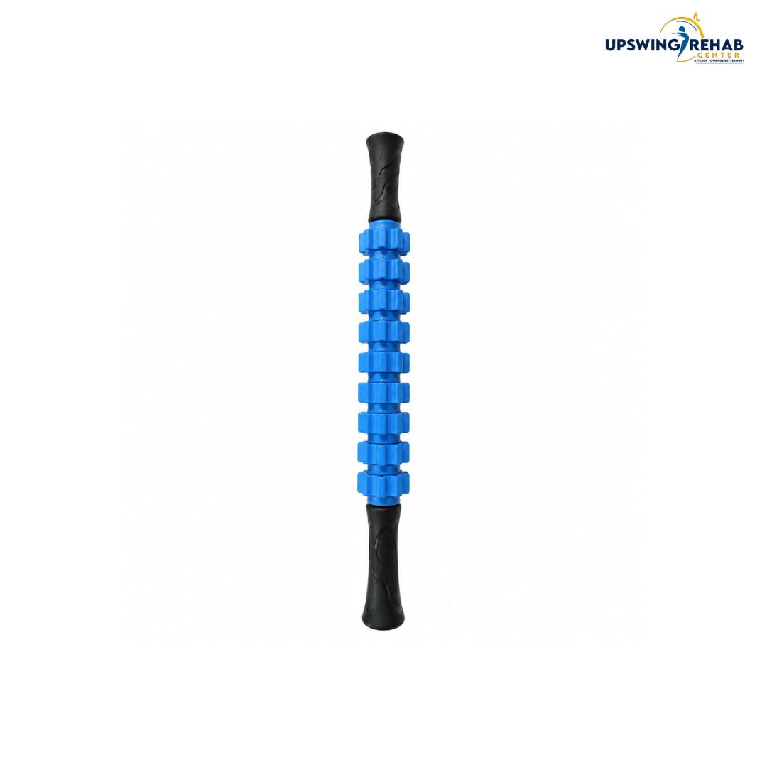 Upswing Rehab Centre Massager Stick – Blue segmented muscle roller with ergonomic non-slip black handles for deep tissue pain relief in Pakistan"