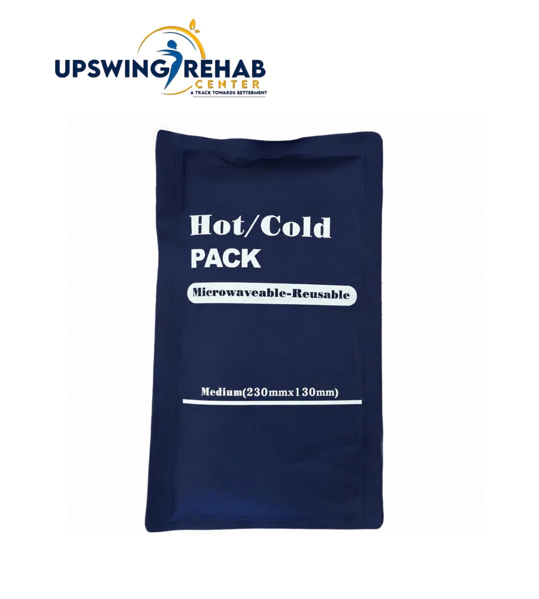 Navy blue hot/cold pack with white text on a white background, featuring the Upswing Rehab Center logo.