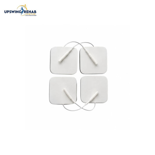 Four square white electrode pads arranged in a 2x2 grid with thin connecting wires, shown on a plain white background. The UPSWING REHAB logo appears in the top-left corner.