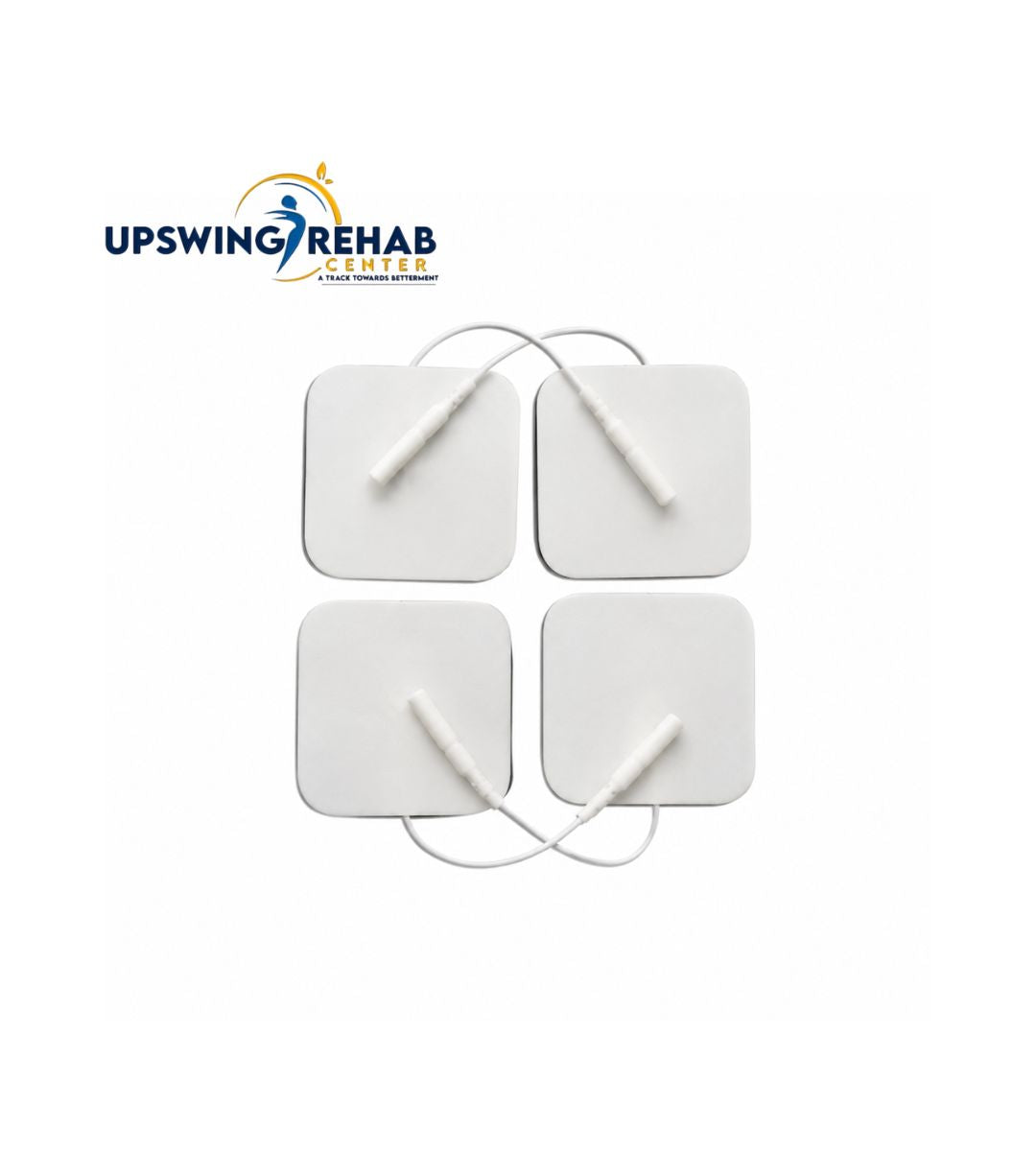 Four white medical electrodes with leads on a white background, branded with 'Upswing Rehab'.