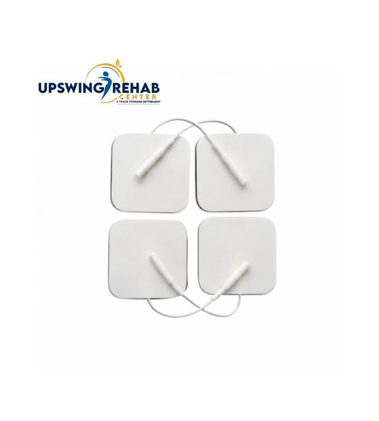 Four white medical electrodes with leads on a white background, branded with 'Upswing Rehab'.